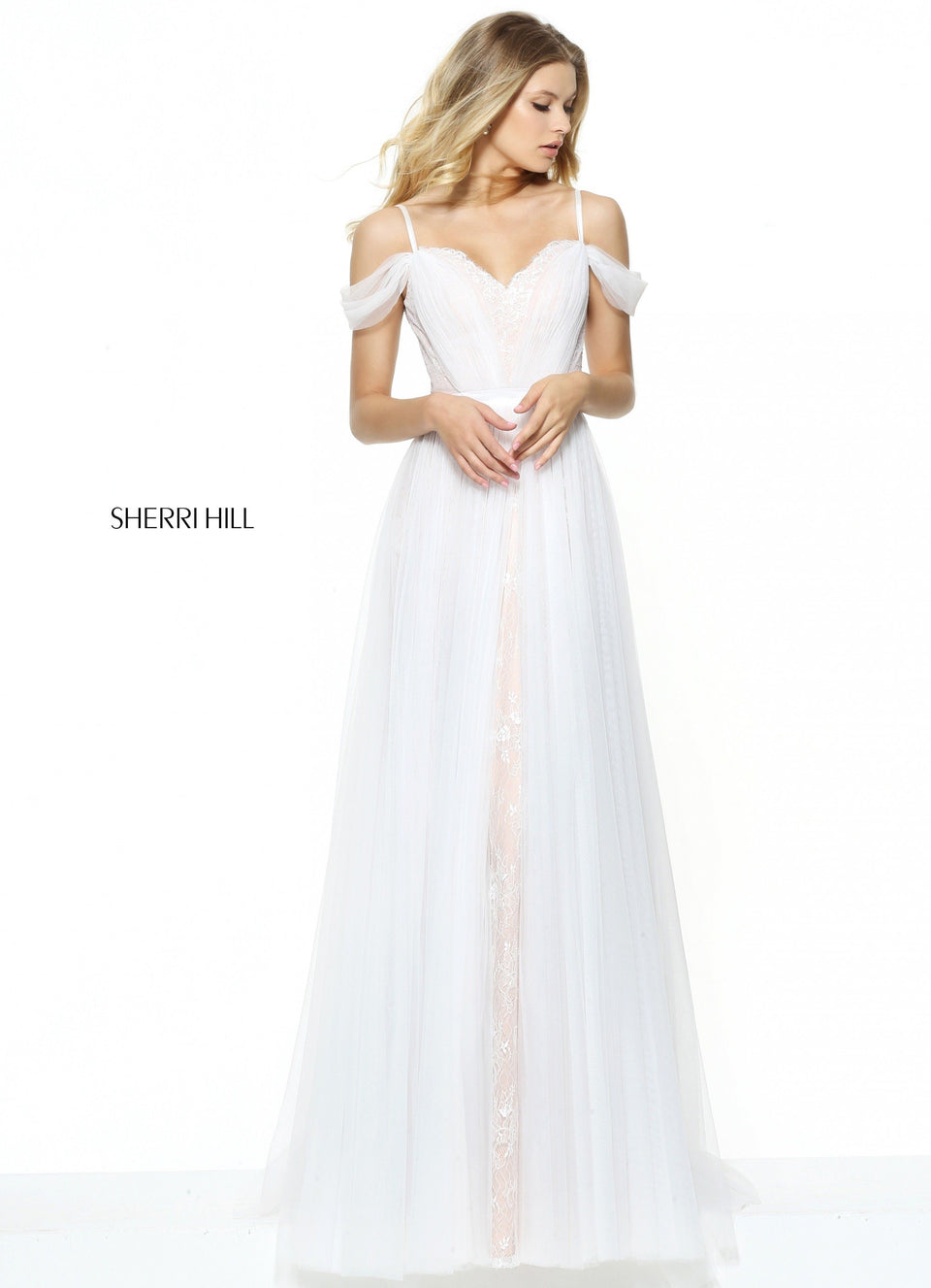 sherri hill Off-the-shoulder sweetheart bodice with a lace and tulle A-line skirt