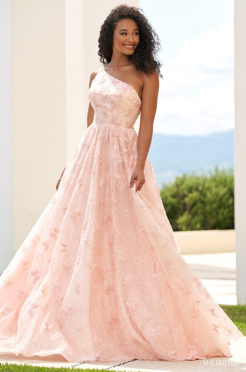 sherri hill One shoulder ball gown with butterfly sequin embellishments