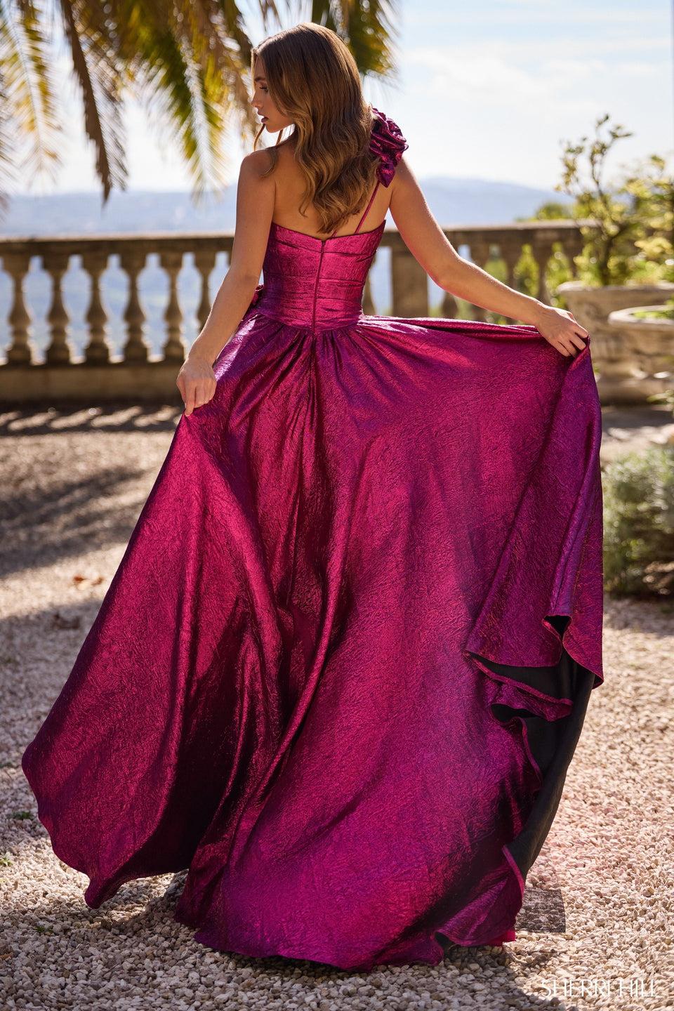 Sherri Hill One Shoulder Brocade A-Line Gown With High Slit