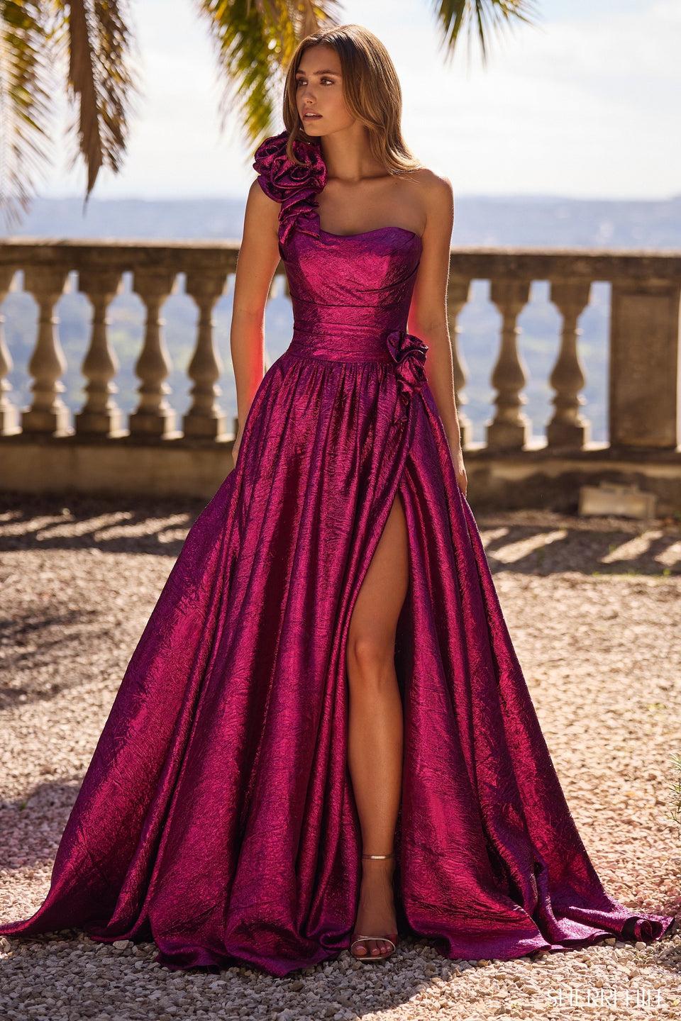 Sherri Hill One Shoulder Brocade A-Line Gown With High Slit
