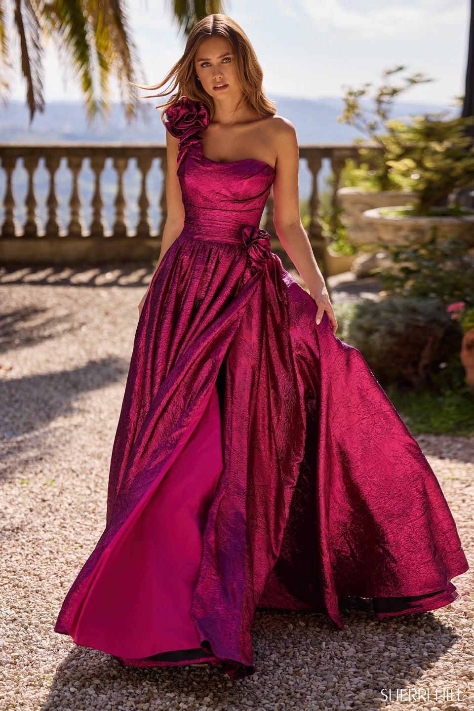 sherri hill One shoulder brocade A-Line gown with high slit