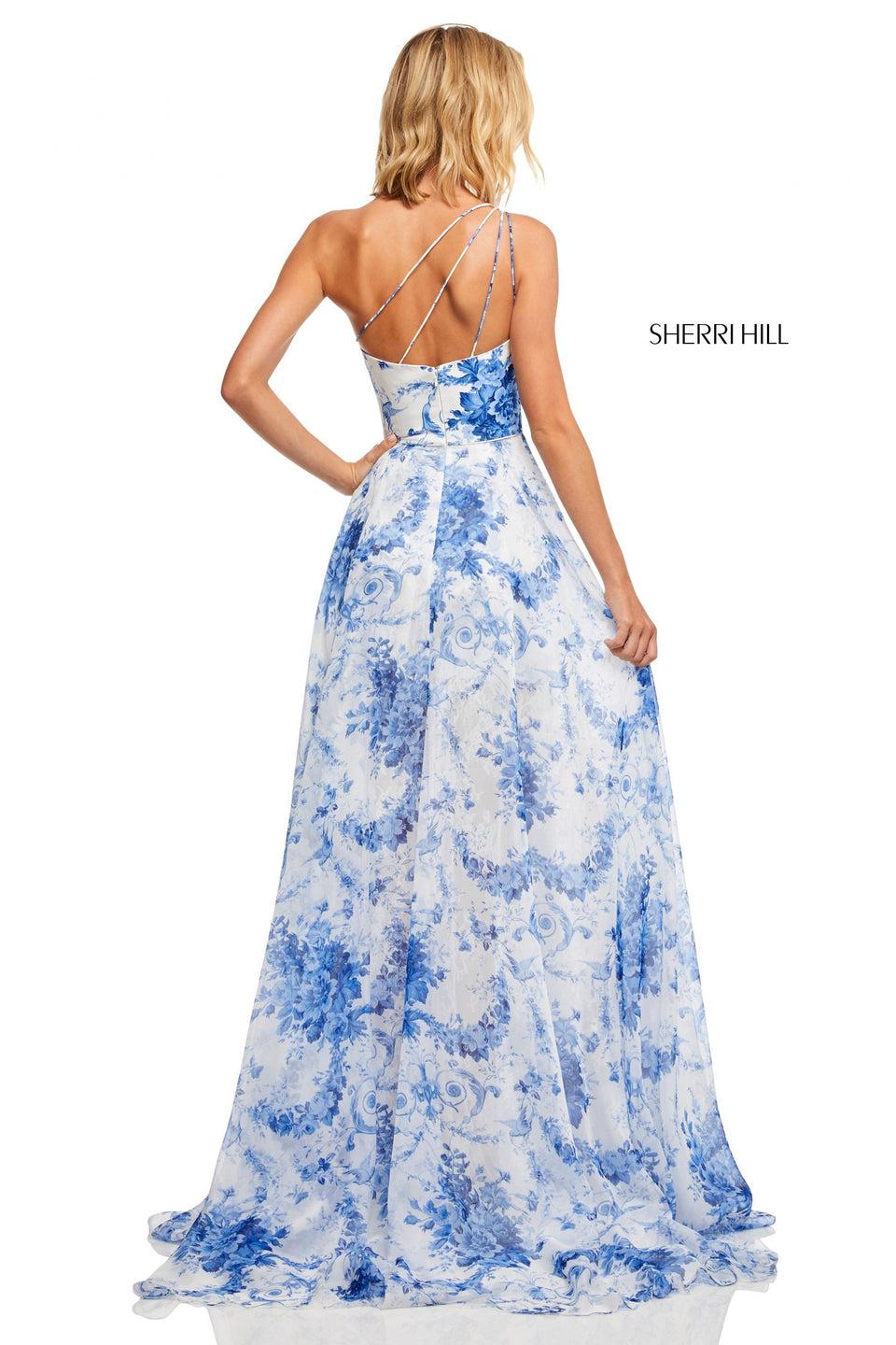 Sherri Hill One-shoulder Chiffon Ivory Blue Print Dress With Lace And Chiffon Slit Skirt