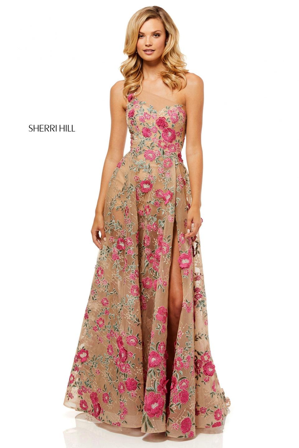Sherri Hill One-shoulder Embroidered Organza A-line With Slit Skirt