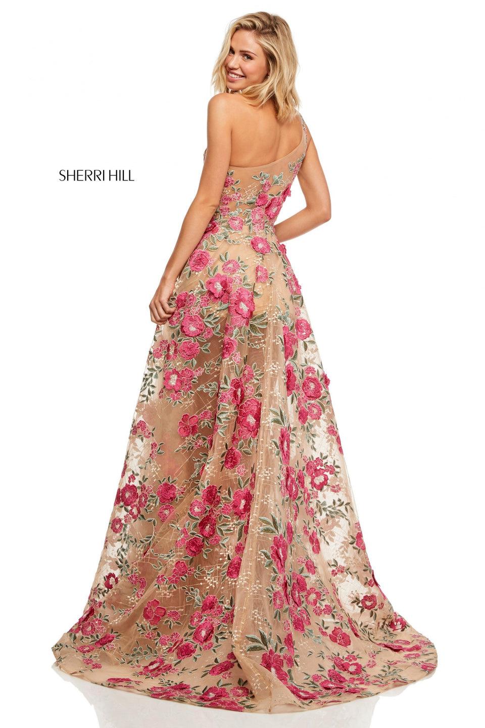 Sherri Hill One-shoulder Embroidered Organza A-line With Slit Skirt