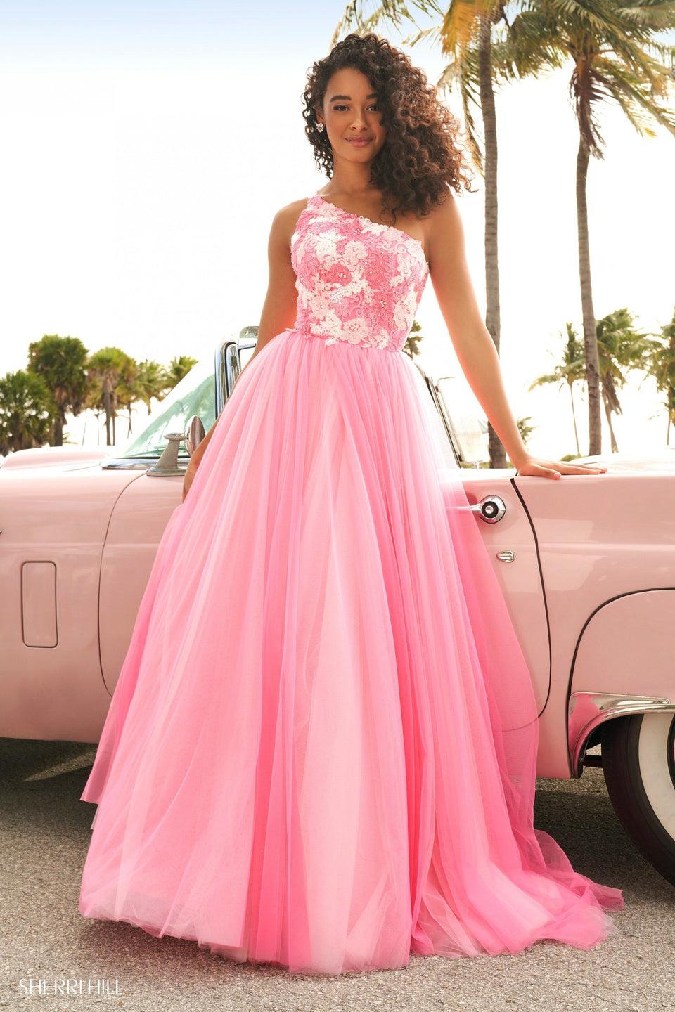 sherri hill One shoulder floral lace bodice with a tulle skirt sherri hill One shoulder floral lace bodice with a tulle skirt
