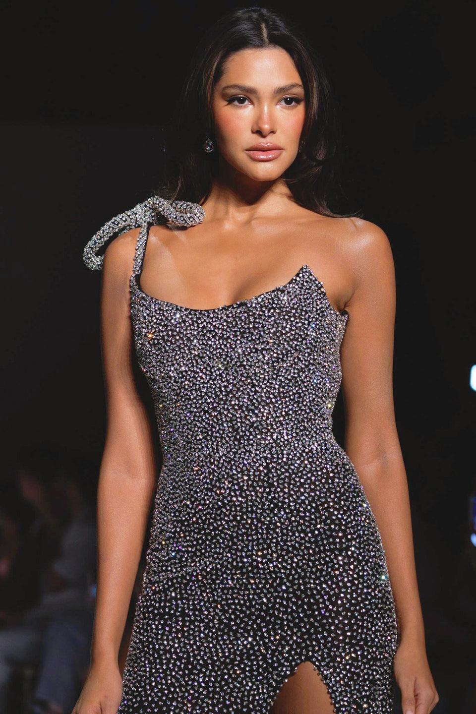 sherri hill One shoulder fully beaded gown with high skirt slit sherri hill One shoulder fully beaded gown with high skirt slit