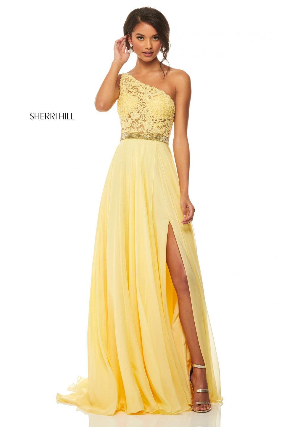 Sherri Hill One-shoulder Gown With Lace Bodice Jewel Encrusted Waistband And Chiffon Skirt With Slit
