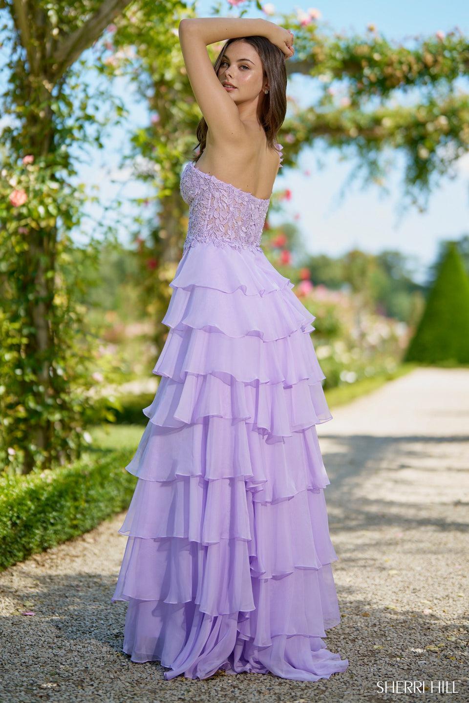 Sherri Hill One Shoulder Gown With Leaf Lace Corset Bodice And Chiffon Ruffle Skirt With Slit