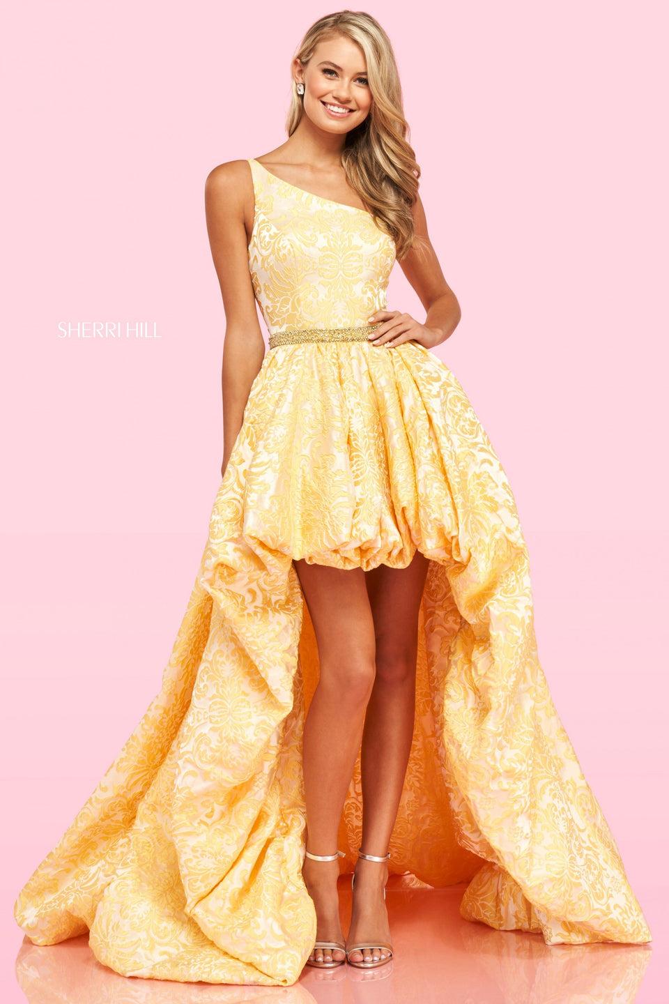 sherri hill One shoulder high-low bubble brocade skirt gown with beaded belt