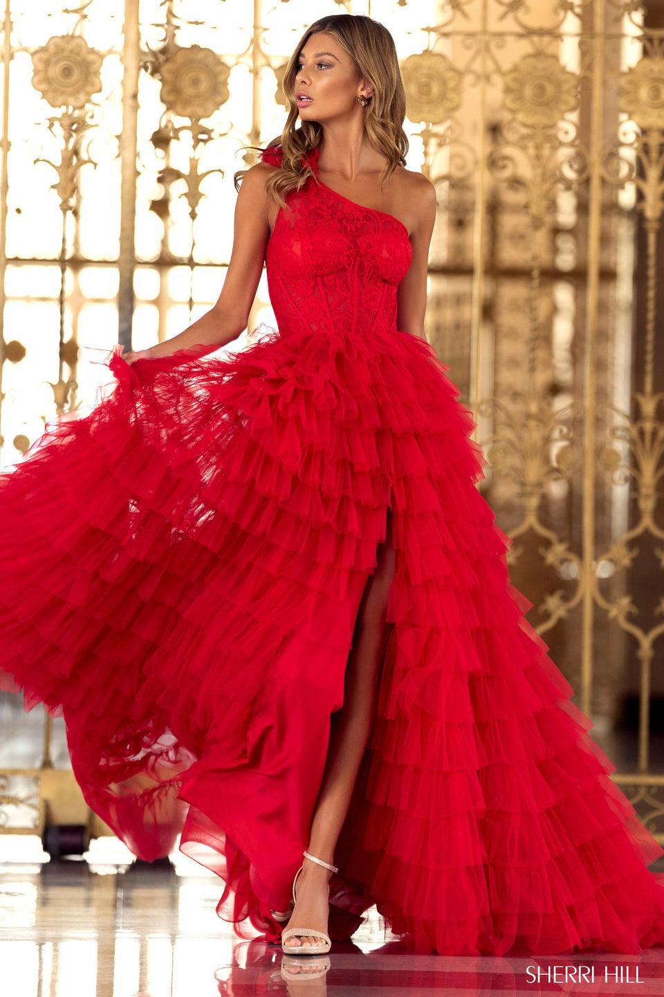 Sherri Hill One Shoulder Lace Bodice Gown With Ruffle Skirt And A High Slit