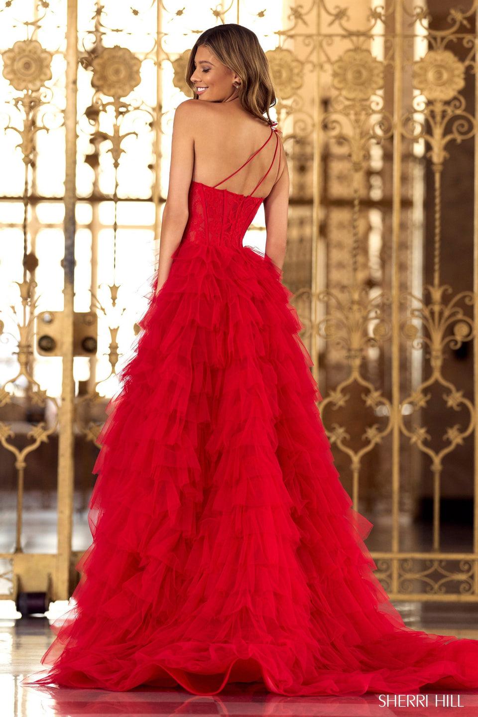 Sherri Hill One Shoulder Lace Bodice Gown With Ruffle Skirt And A High Slit