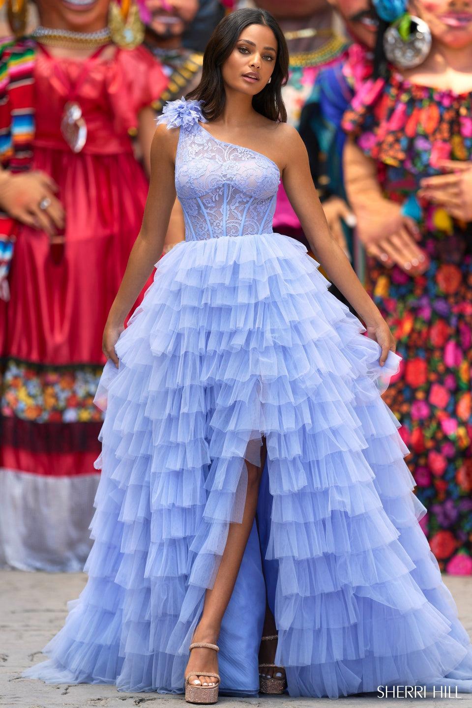 Sherri Hill One Shoulder Lace Bodice Gown With Ruffle Skirt And A High Slit