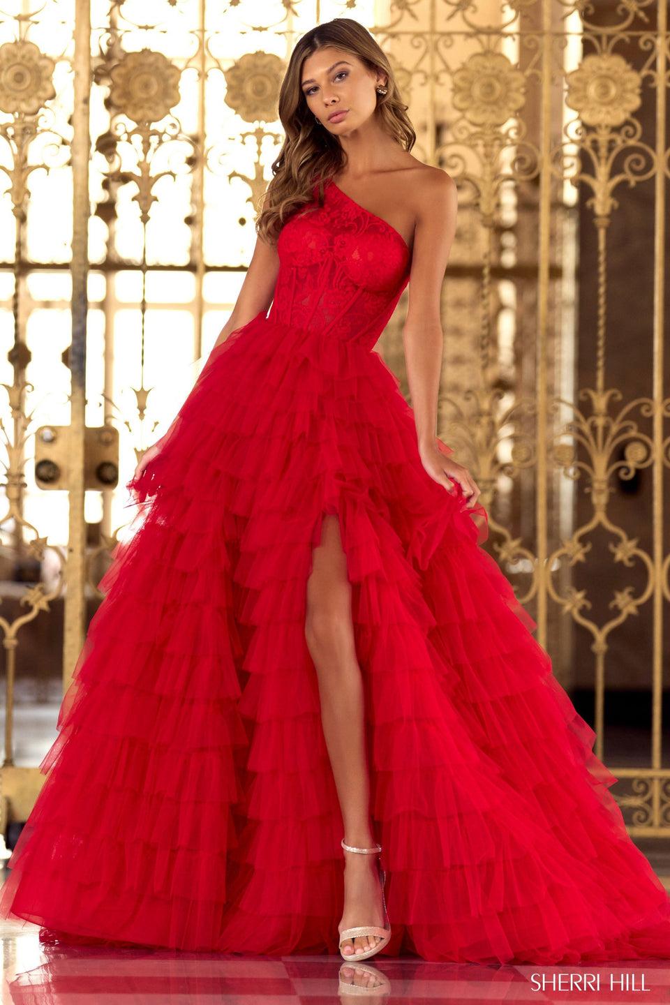 sherri hill One shoulder lace bodice gown with ruffle skirt and a high slit