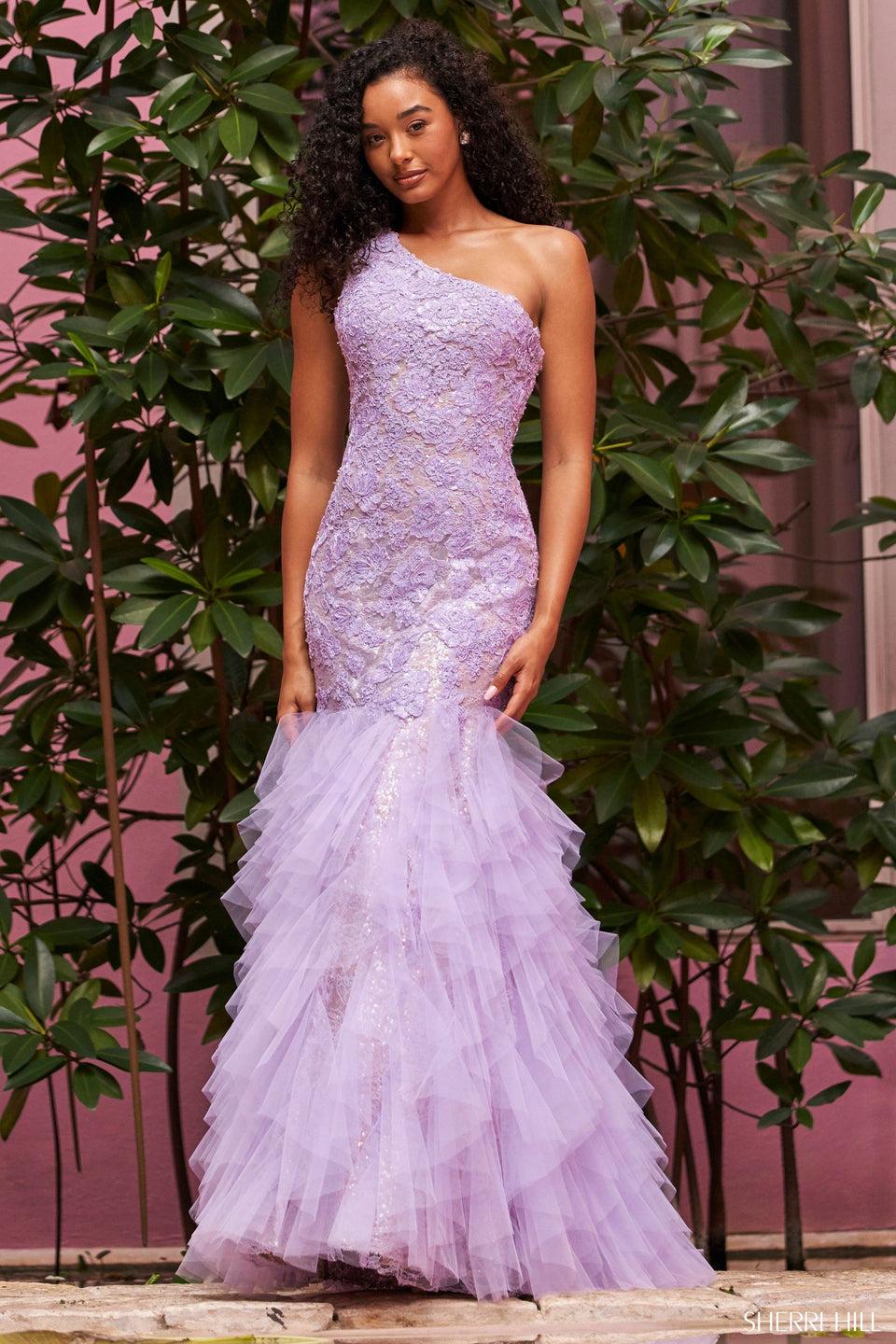 Sherri Hill One Shoulder Lace Sequin Mermaid Gown With Tulle Ruffle Tiered Skirt