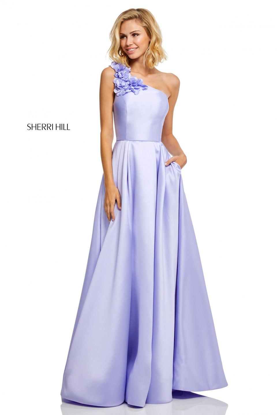 sherri hill One-shoulder mikado A-line with pockets and 3D floral applique on strap