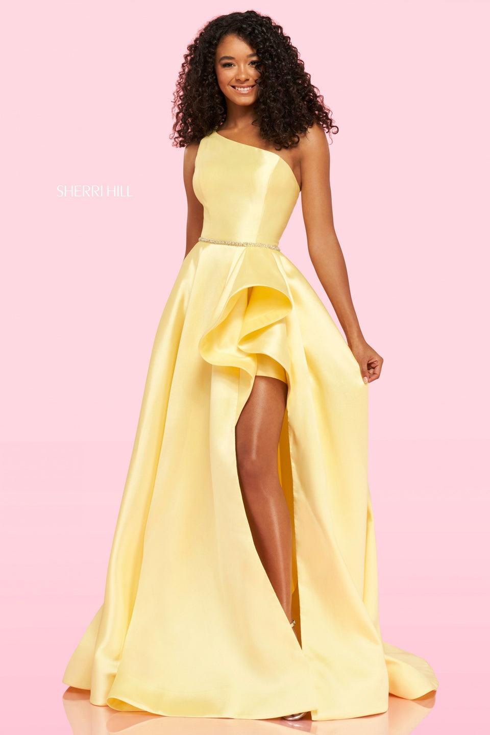 sherri hill One shoulder mikado gown with a high ruffle skirt slit and a thin beaded belt