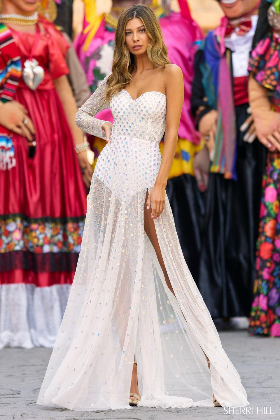 sherri hill One shoulder mirrored embellished gown with sheer skirt and bodysuit