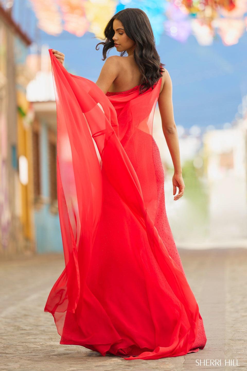 Sherri Hill One Shoulder Scuba Dress With Hot Fix Embellishments Side Cut Out Slit And Cape