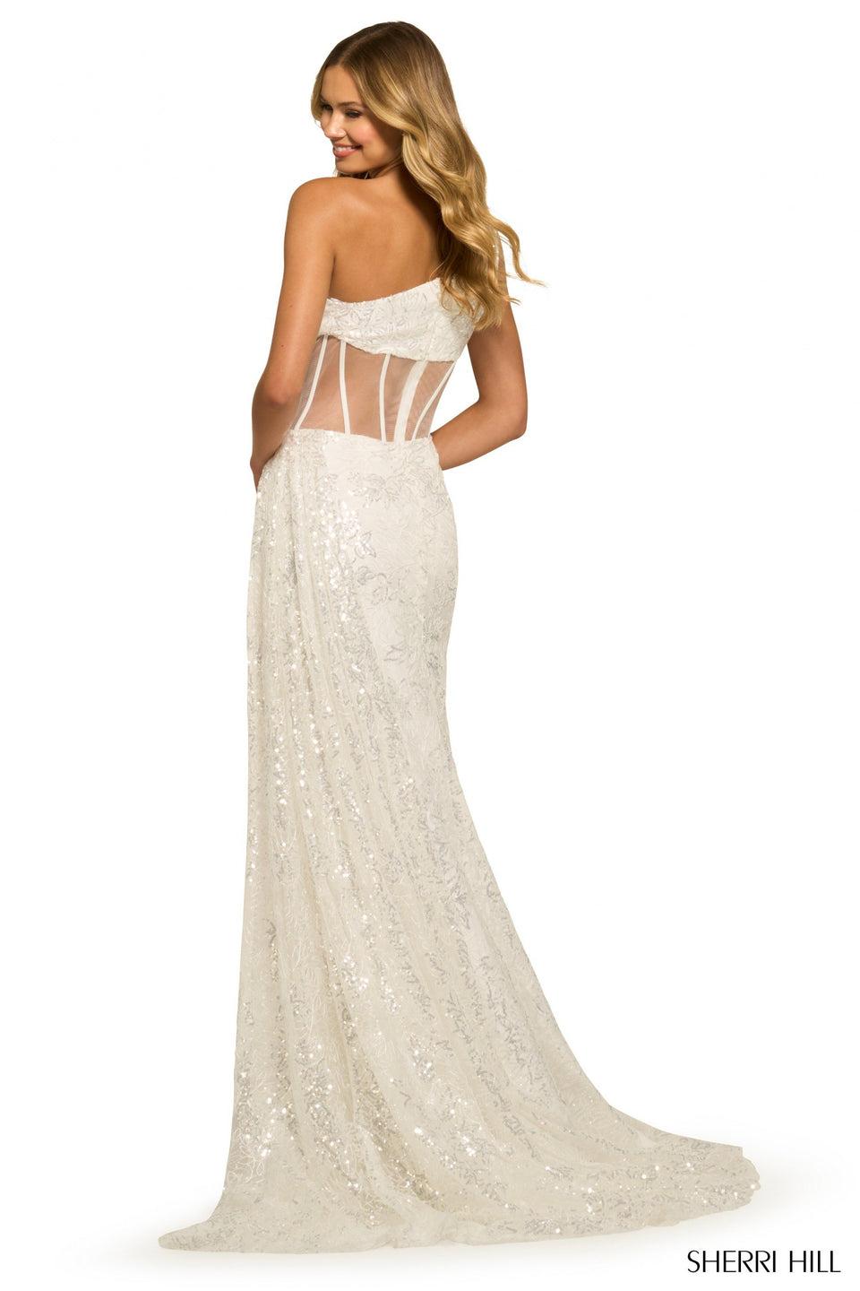Sherri Hill One Shoulder Sequin Lace Gown With Sheer Corset Bodice And High Slit