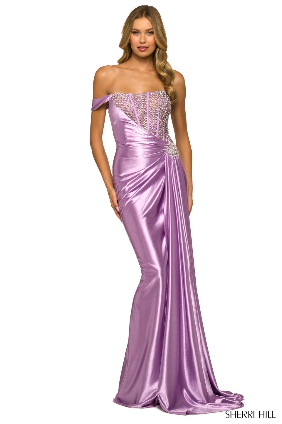sherri hill One shoulder silk gown with beaded bodice ruching off the shoulder sleeve beaded embellishments and side cape