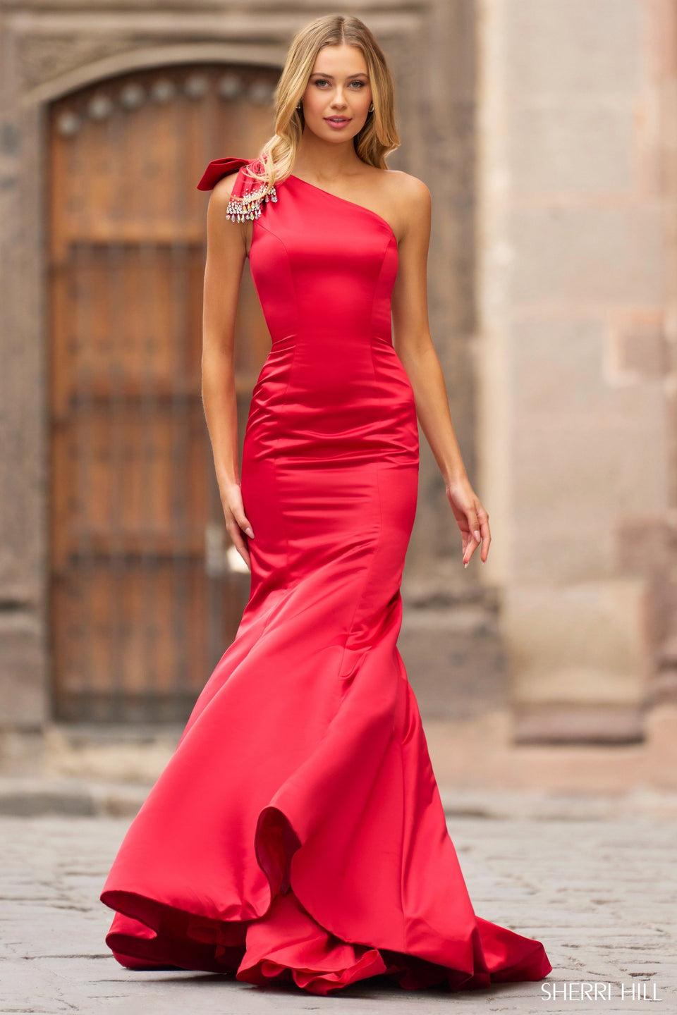 sherri hill One shoulder silk mermaid gown with beaded embellishments on the bow