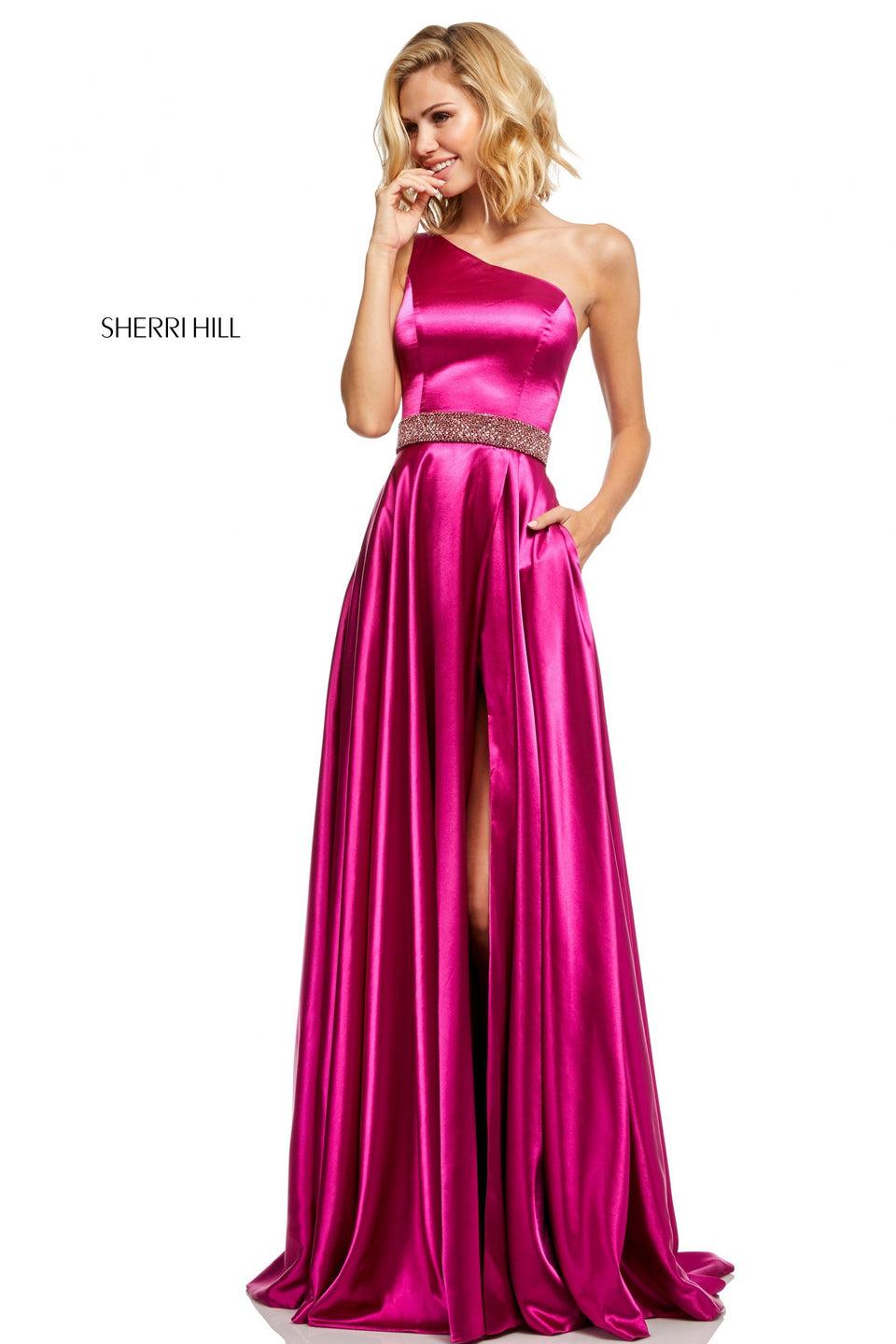 Sherri Hill One-shoulder Silk Satin Dress With Beaded Belt And Side Slit