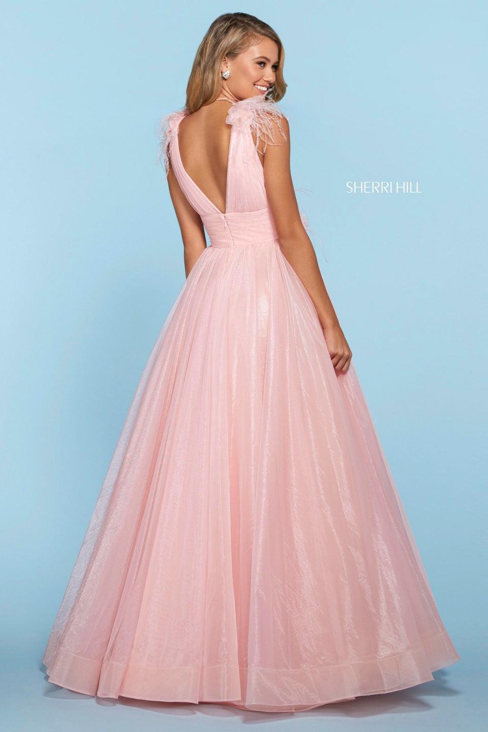 Sherri Hill Organza A-line Dress With Ruched Deep V Neckline Bodice And Flower Appliques With Feathers On Waist And Shoulders