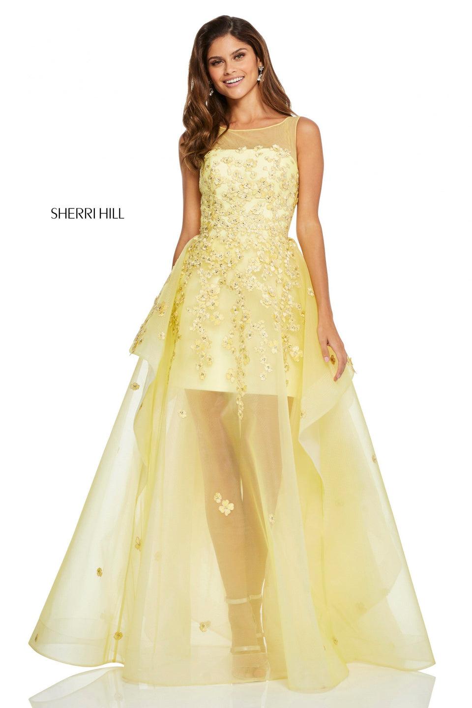 Sherri Hill Organza A-line Gown With Sheer Layered Skirt And Floral Appliques