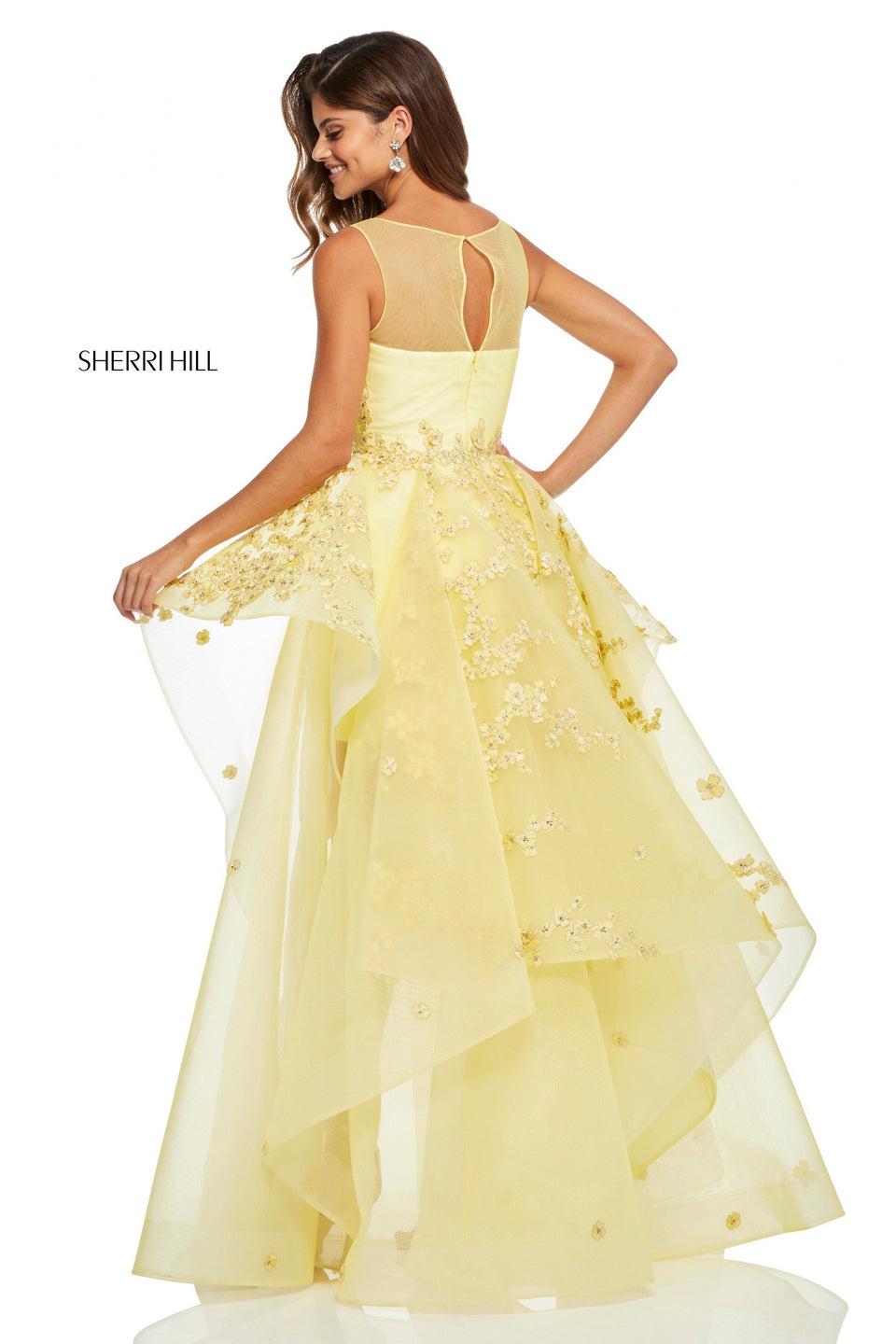 Sherri Hill Organza A-line Gown With Sheer Layered Skirt And Floral Appliques