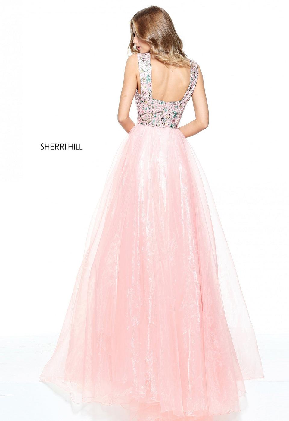 Sherri Hill Organza A-line With A Printed Bodice With Deep V Neckline