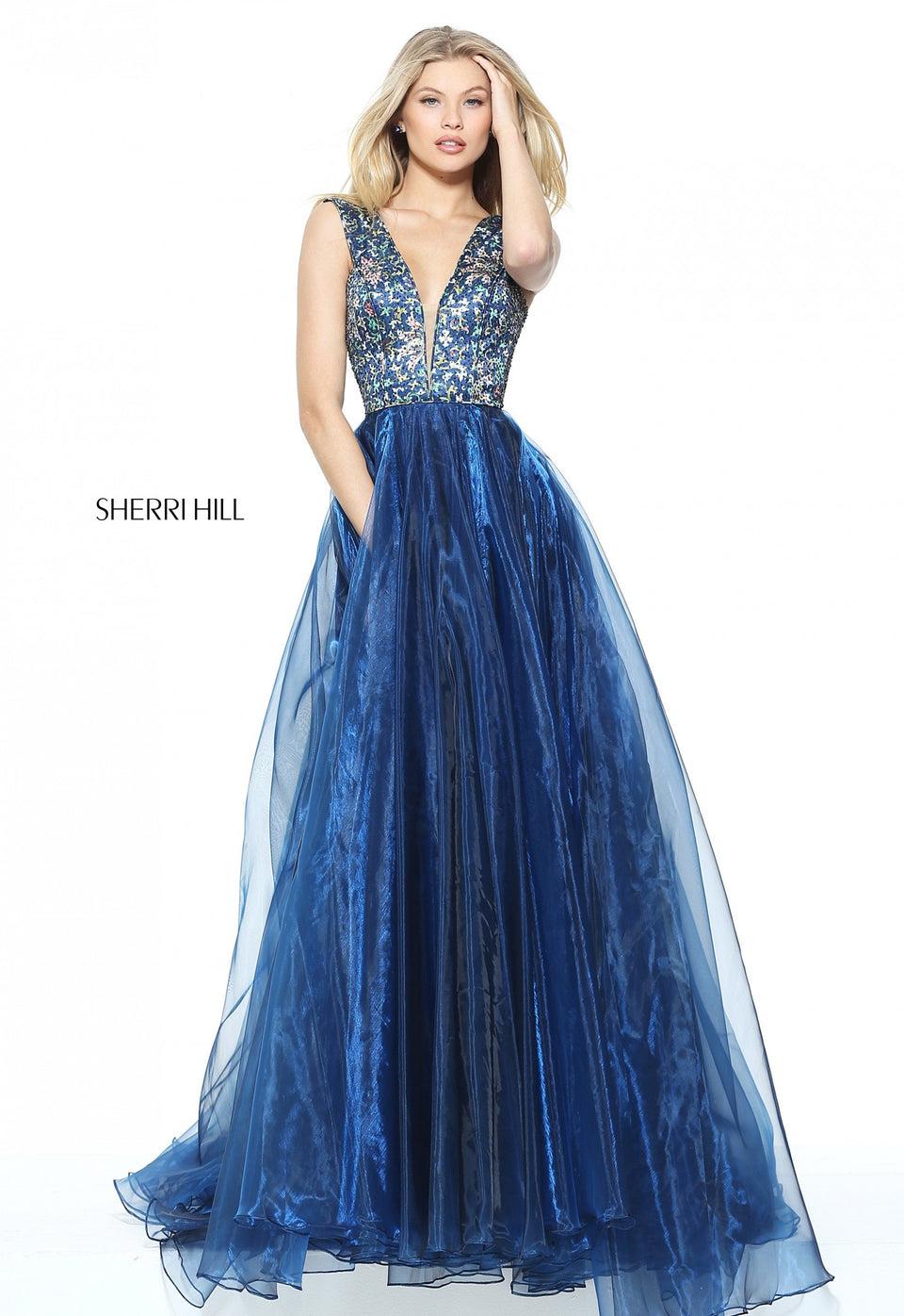 Sherri Hill Organza A-line With A Printed Bodice With Deep V Neckline