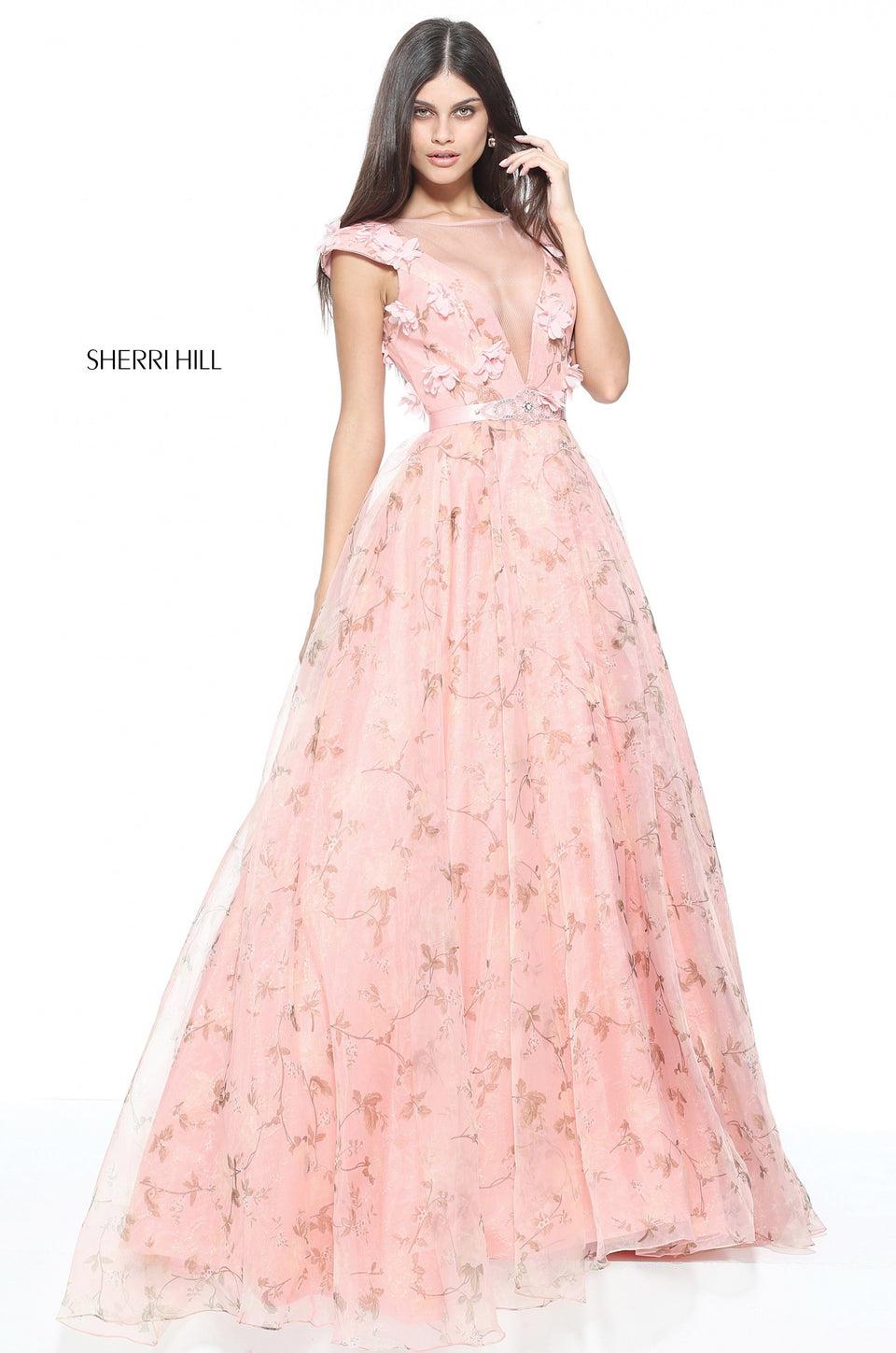Sherri Hill Organza And Lace Print Ball Gown With A Low Back