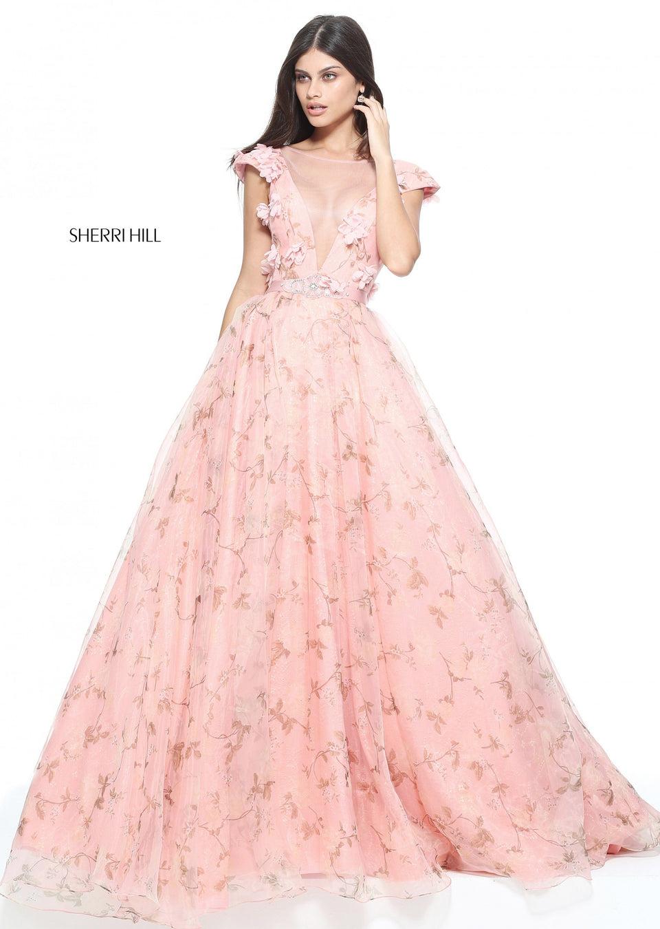 sherri hill Organza and lace print ball gown with a low back