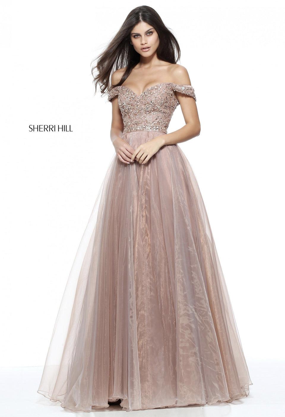 sherri hill Organza ball gown with an off-the-shoulder beaded bodice