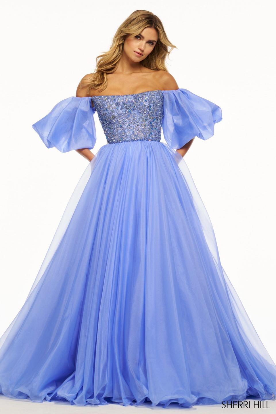 sherri hill Organza ball gown with beaded bodice and balloon sleeves sherri hill Organza ball gown with beaded bodice and balloon sleeves