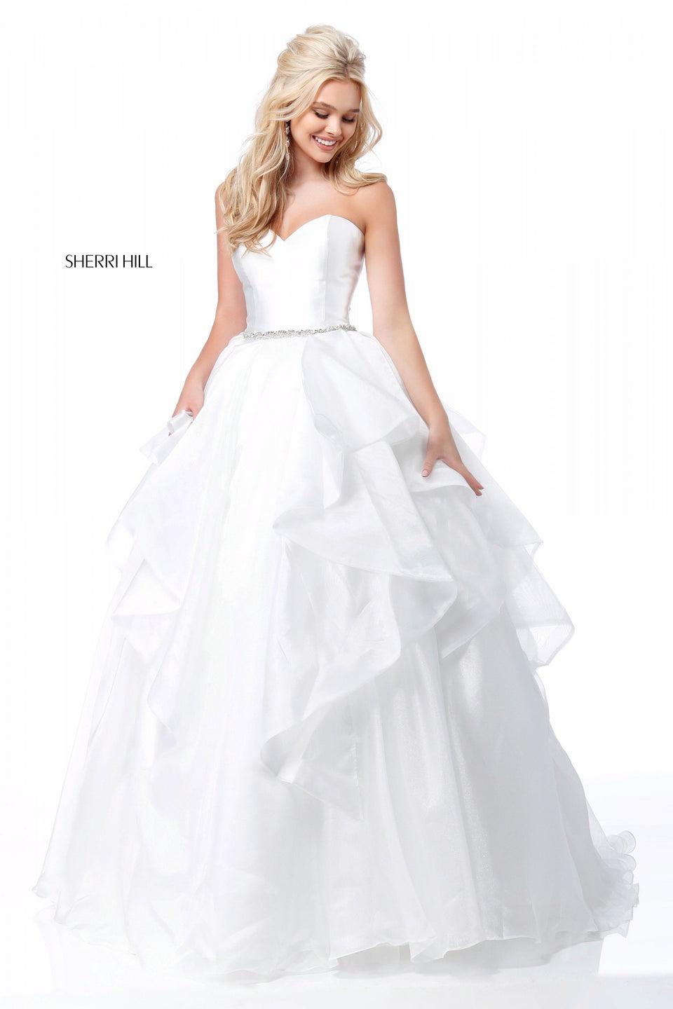 Sherri Hill Organza Ball Gown With Ruffled Skirt Bead Encrusted Belt And Satin Sweetheart Bodice
