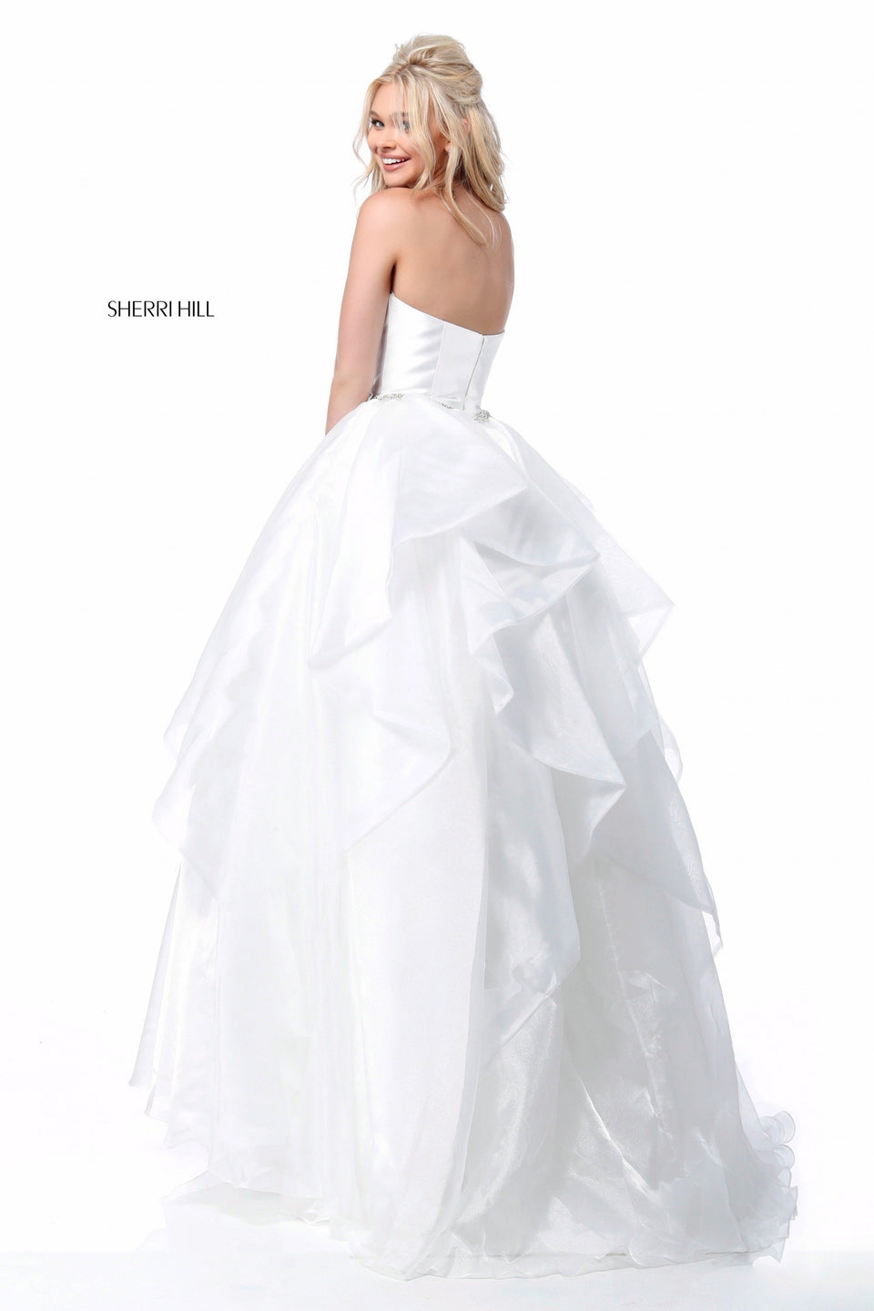 Sherri Hill Organza Ball Gown With Ruffled Skirt Bead Encrusted Belt And Satin Sweetheart Bodice