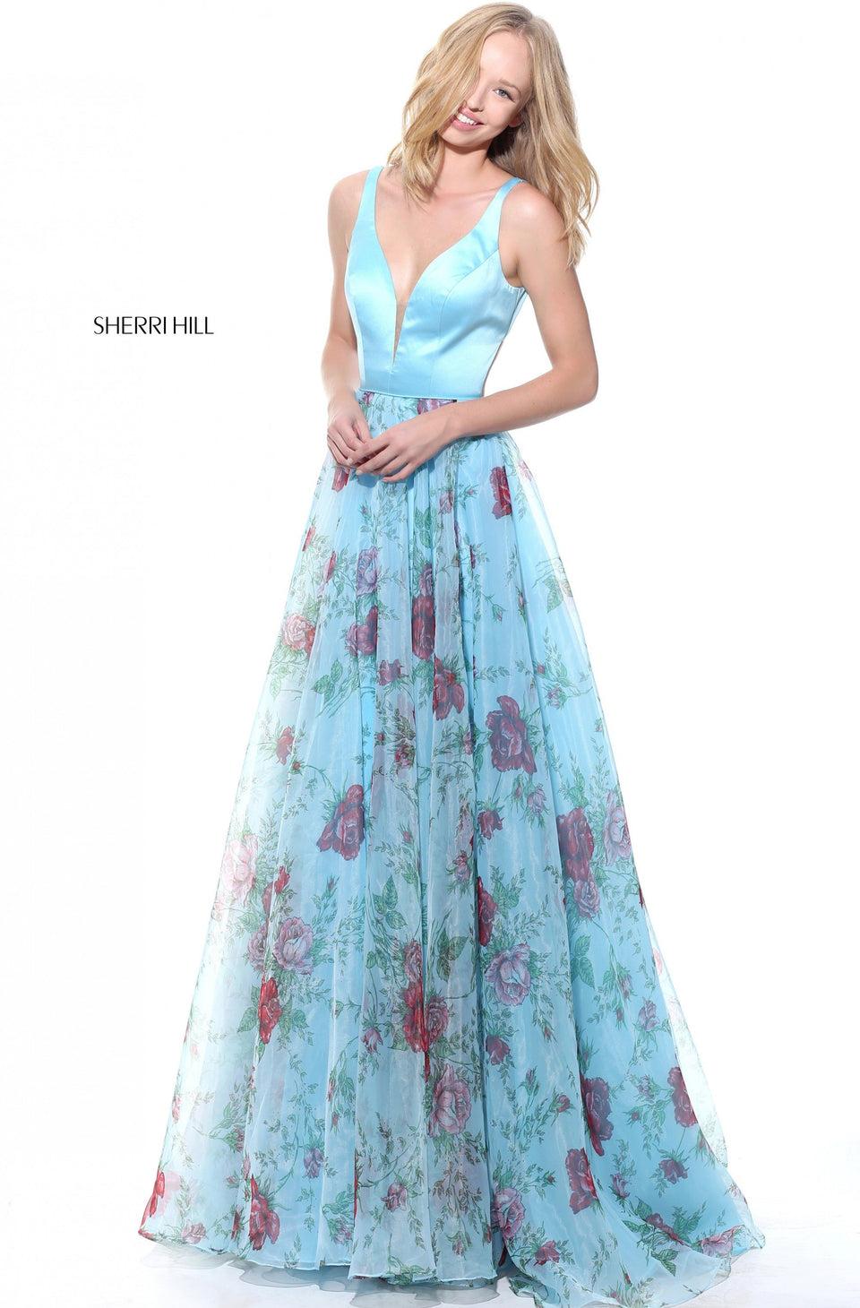 Sherri Hill Organza Floral Print A-line Gown With A Satin Bodice And Open Back