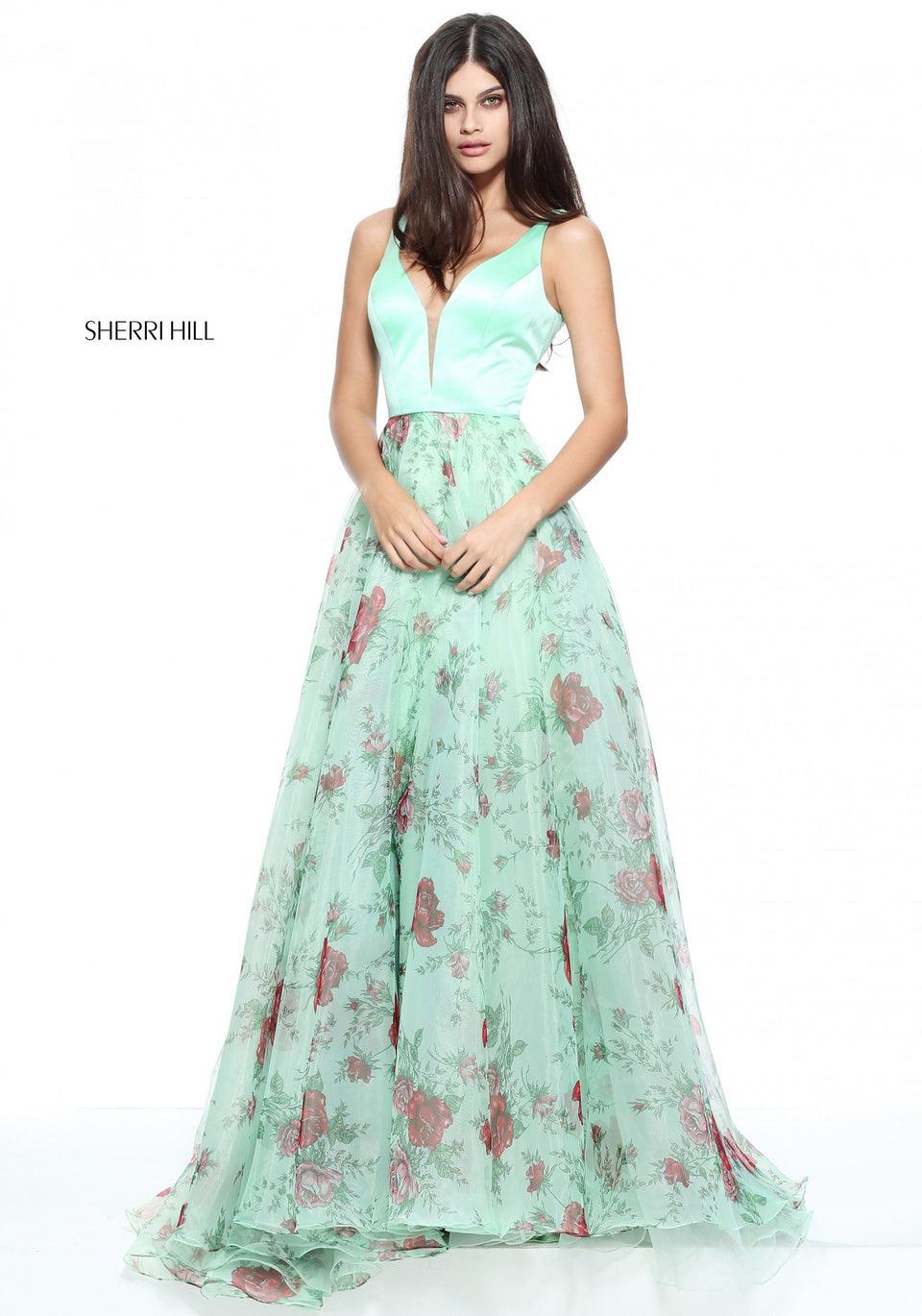 sherri hill Organza floral print A-line gown with a satin bodice and open back
