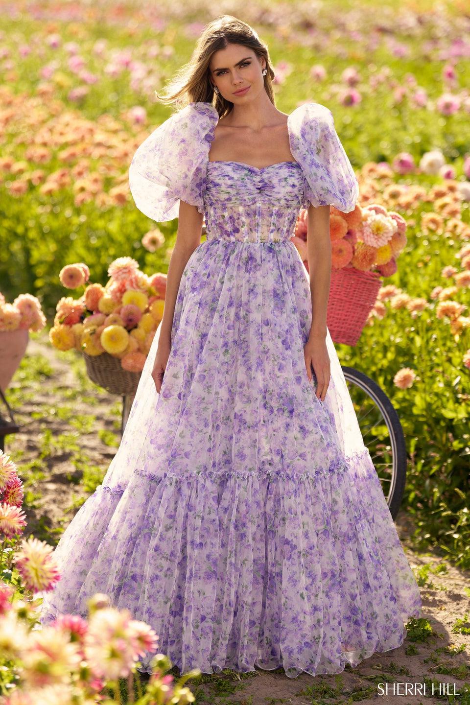 sherri hill Organza floral print ball gown with balloon sleeves and sheer corset bodice