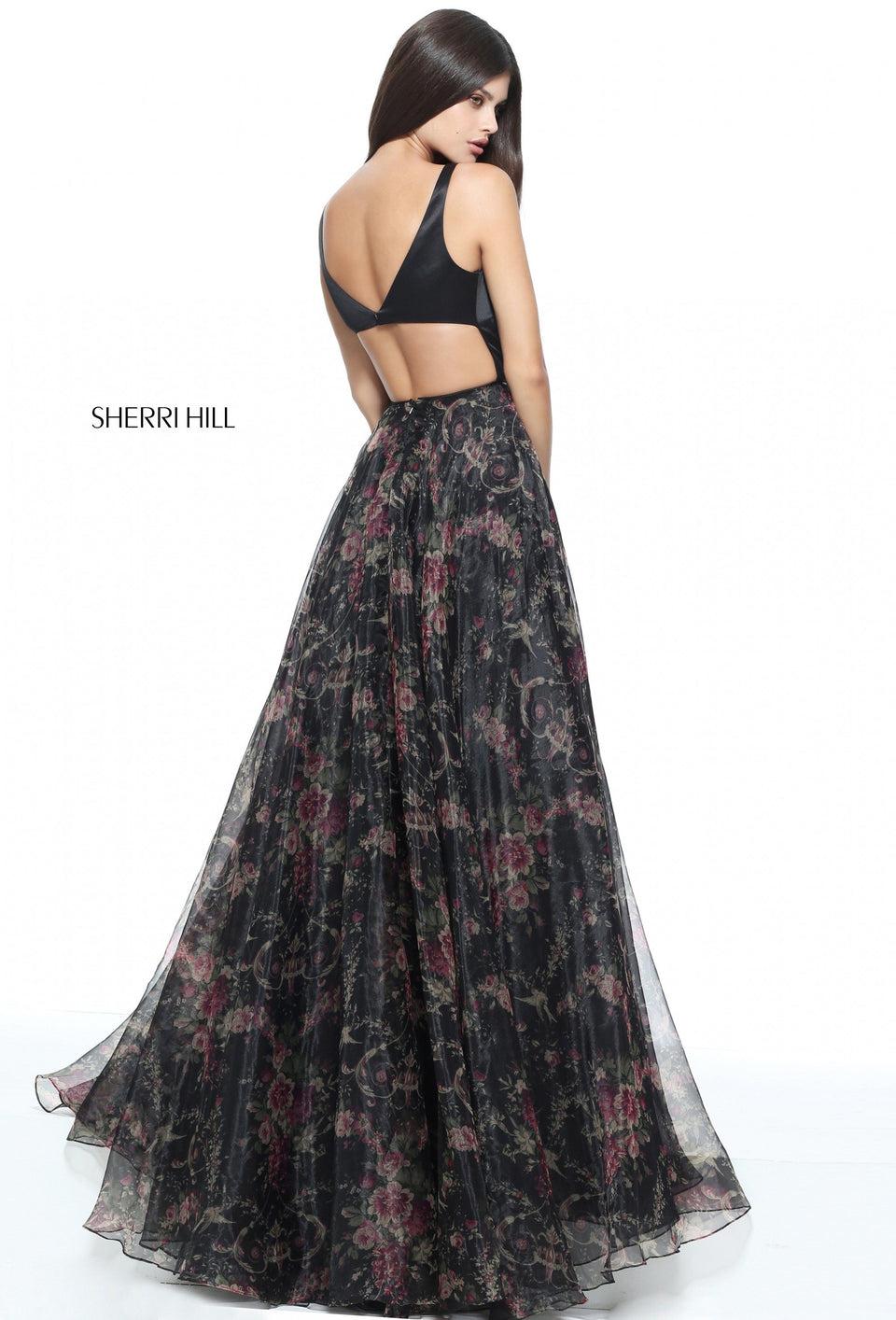 Sherri Hill Organza Print A-line Gown With A Satin Bodice And Open Back