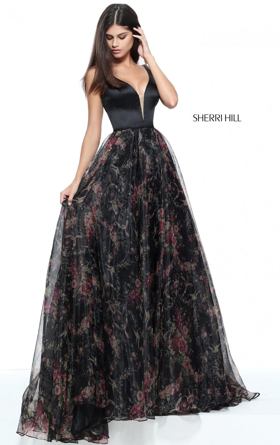 sherri hill Organza print A-line gown with a satin bodice and open back