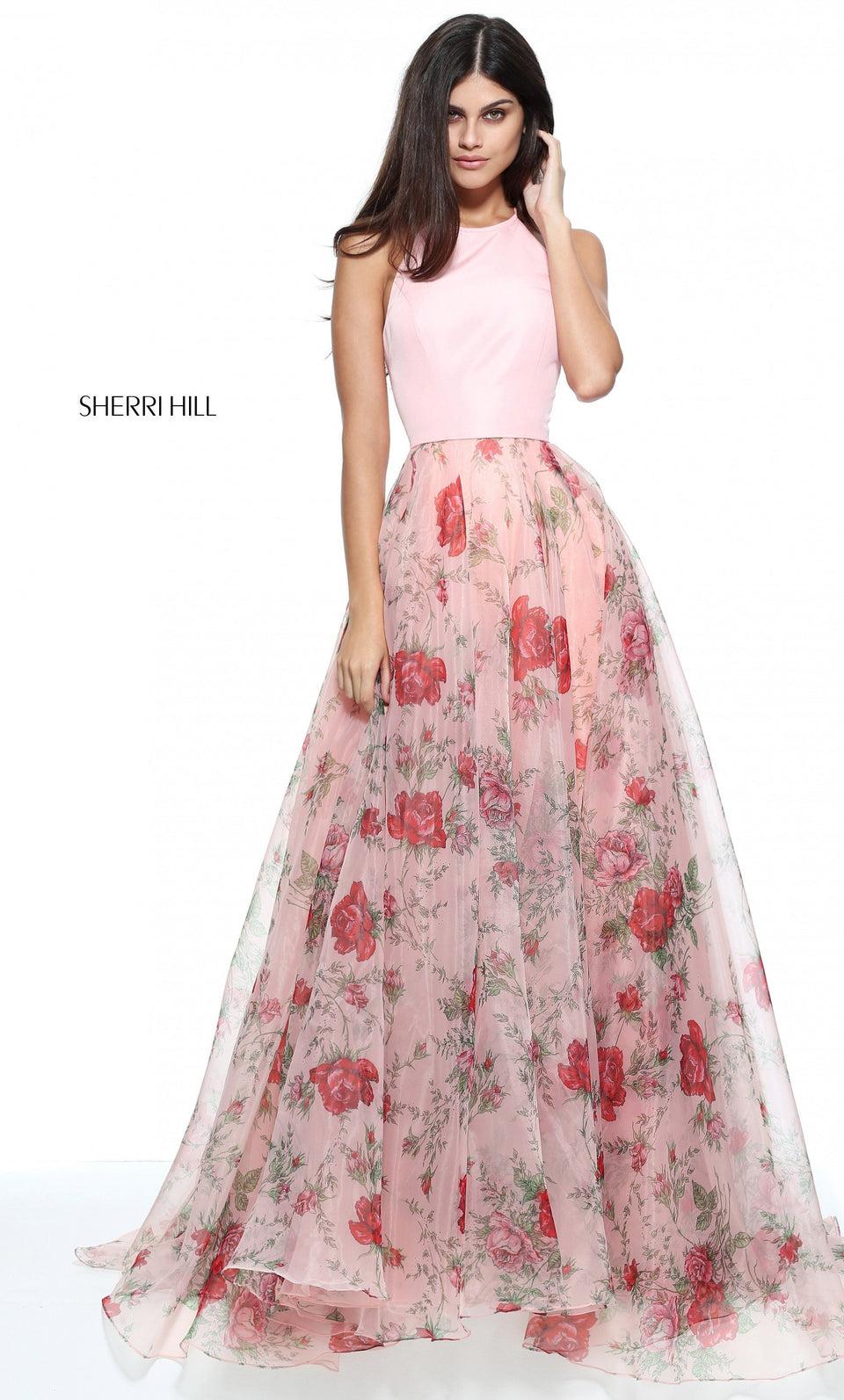 sherri hill Organza print A-line gown with a solid high neck taffeta bodice