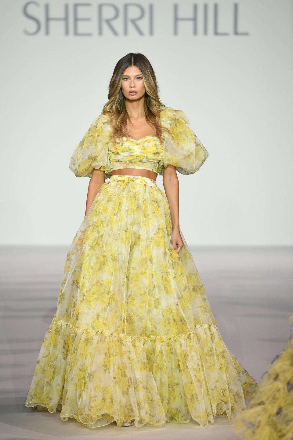 sherri hill Organza two-piece floral gown with balloon sleeves sherri hill Organza two-piece floral gown with balloon sleeves