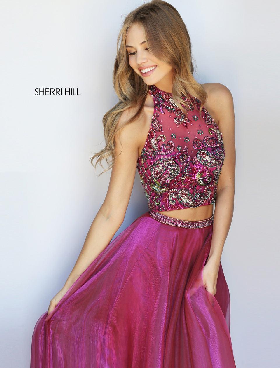 sherri hill Organza two piece with a paisley beaded bodice and waistband detail