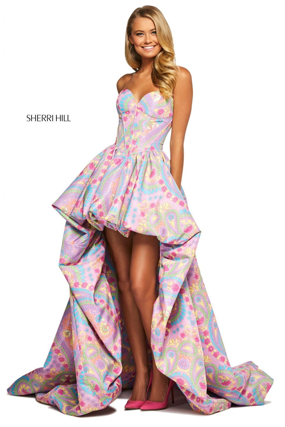Sherri Hill Paisley Print High-low Bubble Dress With Boned Basque Waist Corset Top With Strapless Sweetheart Neckline