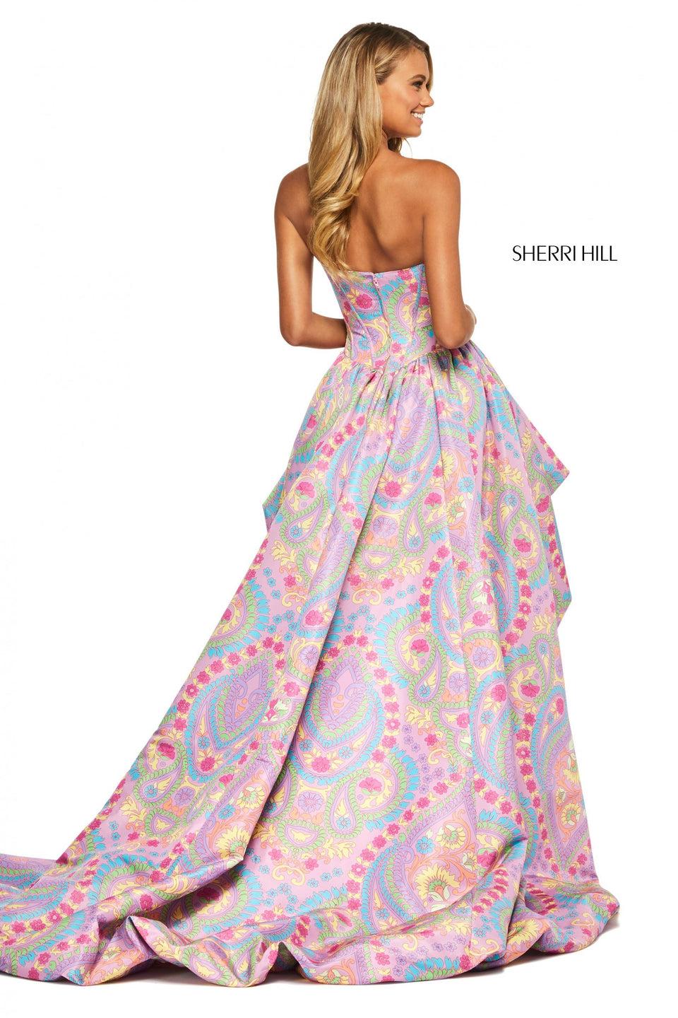 Sherri Hill Paisley Print High-low Bubble Dress With Boned Basque Waist Corset Top With Strapless Sweetheart Neckline