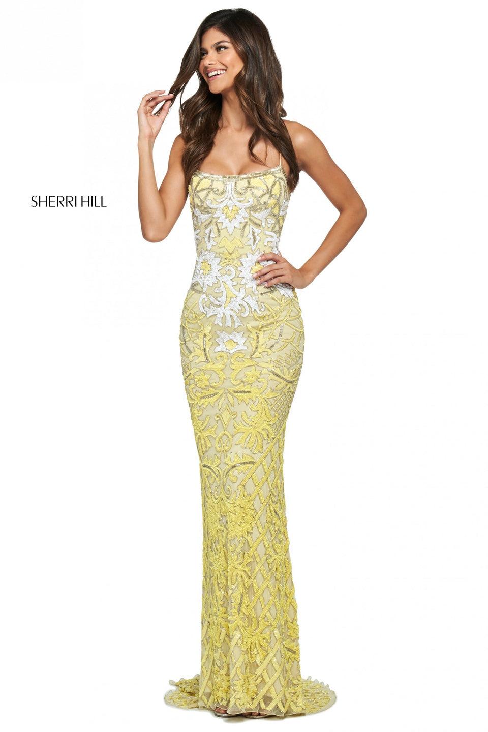 Sherri Hill Pattern Beaded And Sequins Column Dress With Straight Neckline And Lace Up Back