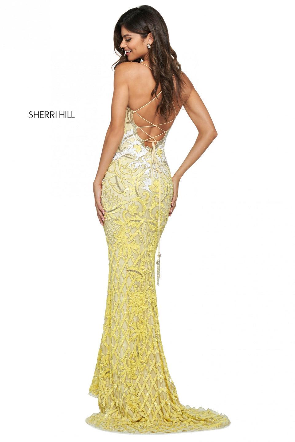 Sherri Hill Pattern Beaded And Sequins Column Dress With Straight Neckline And Lace Up Back
