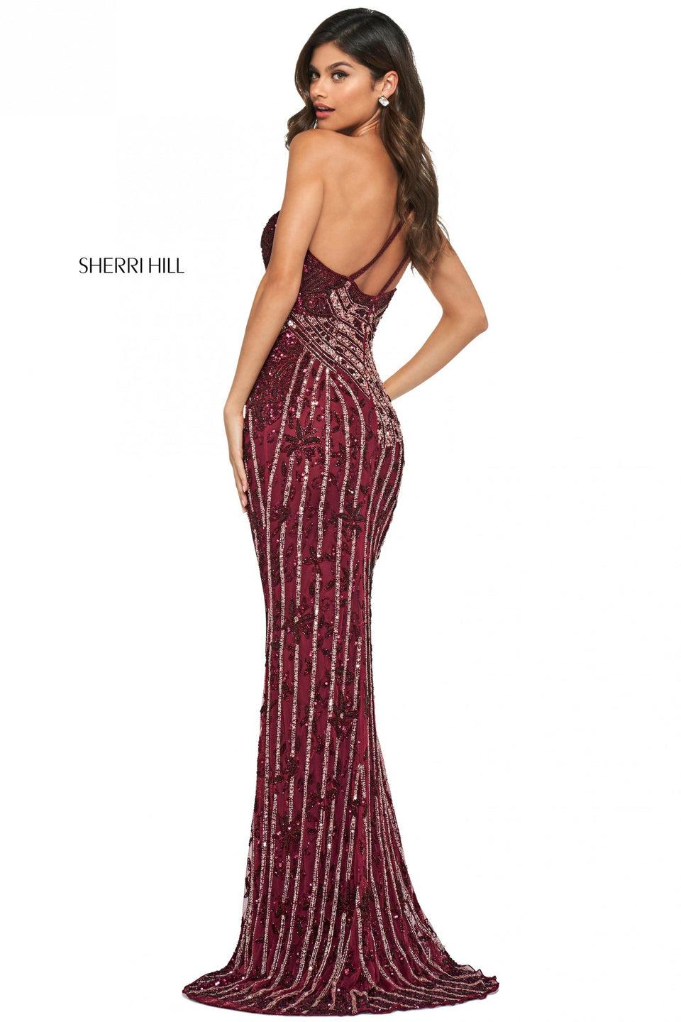 sherri hill Pattern beaded column dress with one shoulder neckline and skirt slit